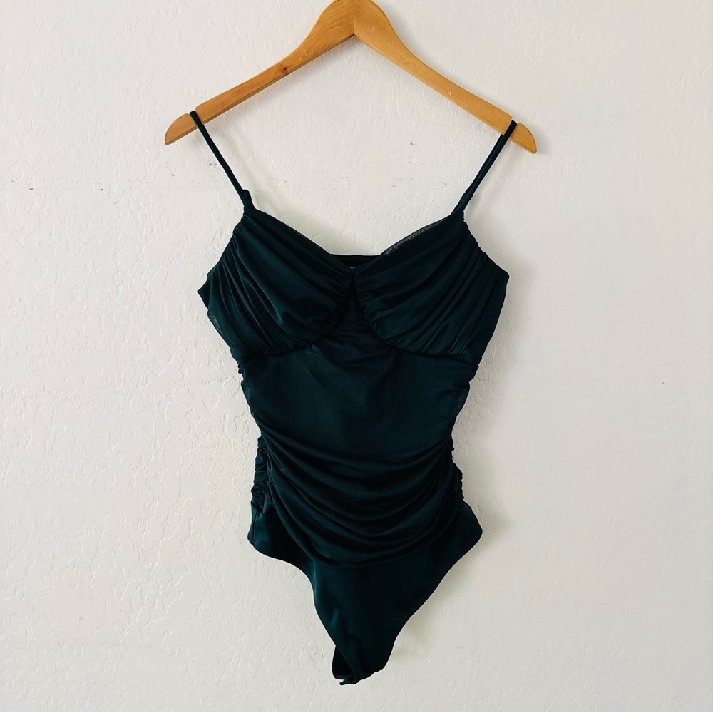 Express Body Contour Ruched Mesh Bodysuit Dark Green Size Medium